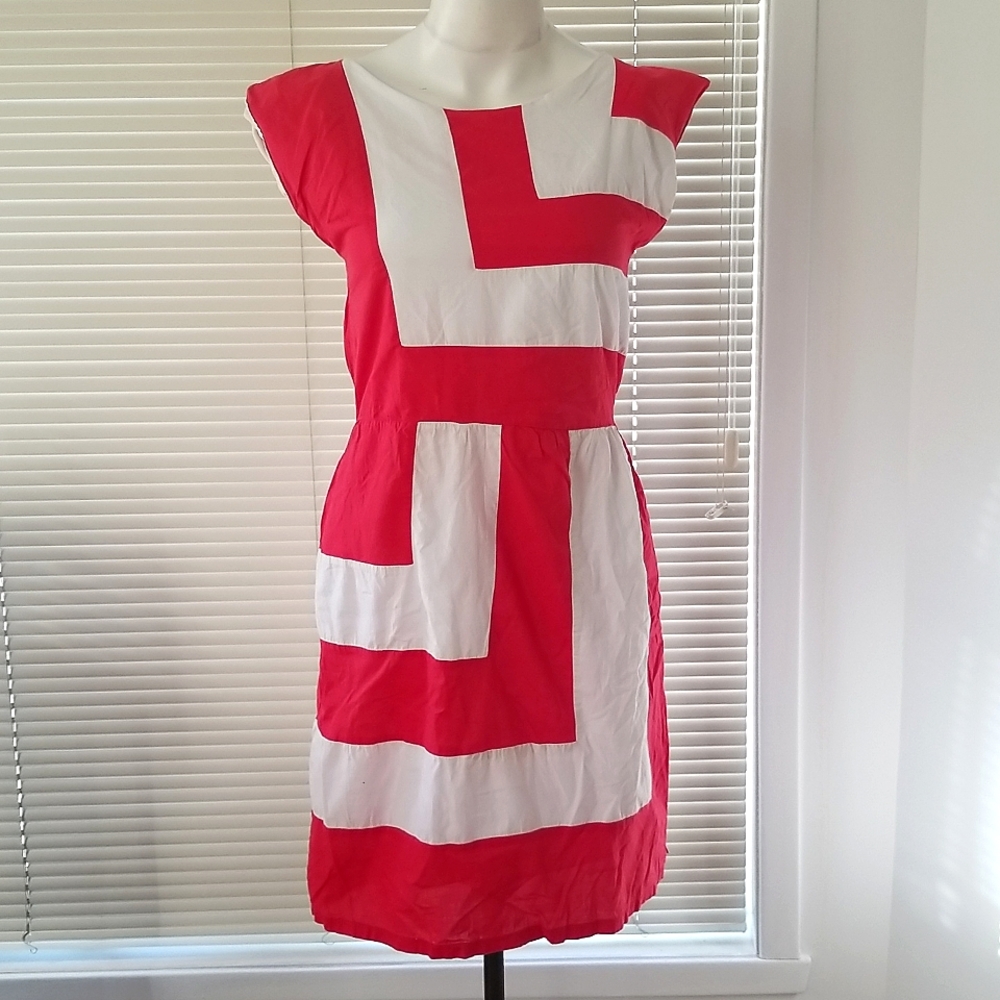 60s Inspired Geometric Print Semi Capped Sleeves Cotton Lined Red & White Dress